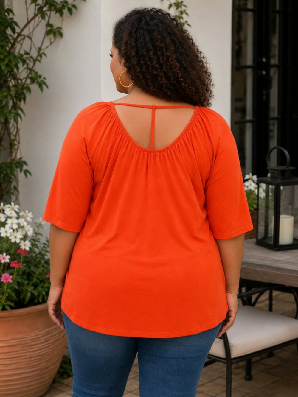 Ashley Stewart Plus Size 18/20 Orange Gathered Neck Keyhole Back Top Blouse